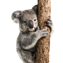 Naklejka premium Adorable fluffy grey koala bear clinging to a rough tree trunk isolated on transparent background