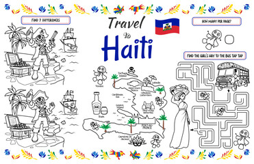 A fun placemat for kids. Printable Travel to Haiti activity sheet with a labyrinth and find the differences. 17x11 inch printable vector file
