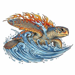 Dynamic sea turtle swimming through vibrant waves with flames, perfect for eco-friendly branding and designs