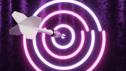 A dart in flight towards a neon-lit target on a textured, purple backdrop