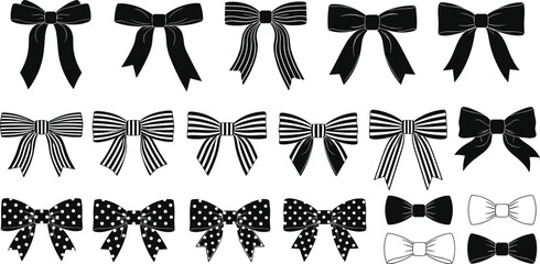 Decorative bow vector set with solid, striped, dotted and outlined ribbon styles for fashion, gift wrapping and graphic design