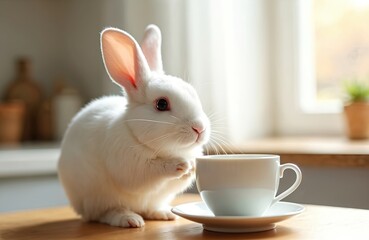 Fototapeta premium White rabbit sips tea from white cup on wooden table in bright kitchen. Animal enjoys warm beverage, creating cozy and peaceful scene. It is charming moment of relaxation and domesticity.