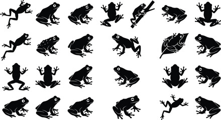 Frog silhouette vector set with jumping, sitting, climbing and leaf poses for amphibian biology, nature, art and design illustration
