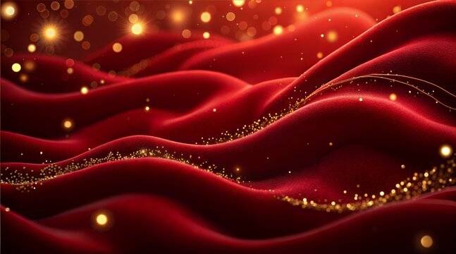Elegant shimmering red velvet waves adorned with golden bokeh lights for festive celebrations and luxury themes