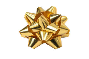 Isolated shiny metallic gold gift bow on plain background, Christmas present decoration and birthday wrapping design element.