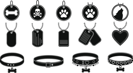 Pet tag and collar vector set with bone, paw, heart and decorative designs for animal accessories and identification illustration