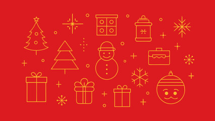 Festive christmas icons including trees, gifts, snowman, ornament, and snowflakes on a red background