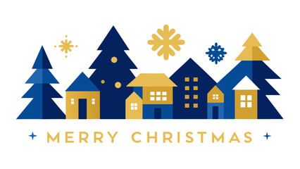 Festive christmas scene with stylized trees houses and snowflakes in blue and gold color scheme design