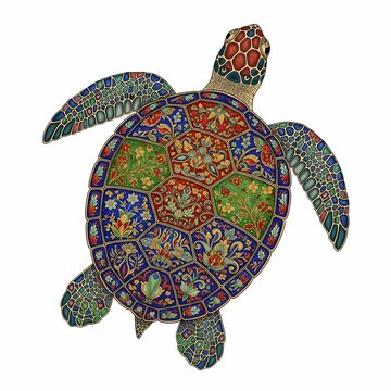 Intricate, vibrant turtle illustration with stunning floral patterns, perfect for exotic travel designs and artistic projects