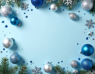 Minimalist AI Christmas scene, soft blue background, silver & blue ornaments, glitter snowflakes, pine branches, shiny baubles, star confetti, clean space for text, festive top-view.