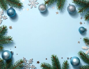 Minimalist AI Christmas scene, soft blue background, silver & blue ornaments, glitter snowflakes, pine branches, shiny baubles, star confetti, clean space for text, festive top-view.