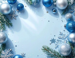 Minimalist AI Christmas scene, soft blue background, silver & blue ornaments, glitter snowflakes, pine branches, shiny baubles, star confetti, clean space for text, festive top-view.
