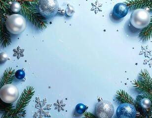 Minimalist AI Christmas scene, soft blue background, silver & blue ornaments, glitter snowflakes, pine branches, shiny baubles, star confetti, clean space for text, festive top-view.
