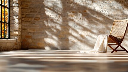 A wicker chair with a blanket sits in a sunlit room with a stone wall and a window.