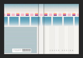 Cover template design. Abstract modern geometric background using horizontal stripes and blue pink colored rectangles. Vector layout for book, planner, notebook or other printed publication.