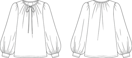 Blouse sketch, fashion cad drawing, flat vector illustration, keyhole neckline, gathered sleeve, button cuff, front and back view, garment design