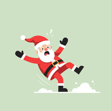 Santa Claus in a red suit and hat slipping and falling on snow.