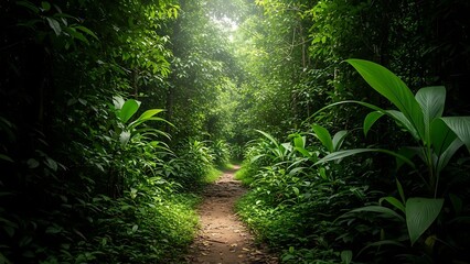 Obraz premium Enchanting Forest Pathway Bathed in Soft Sunlight, Leading Through Lush Tropical Foliage and Vibrant Green Canopy, Inviting Serene Exploration into Nature's Depths