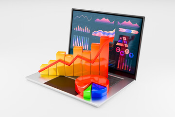 A laptop is displaying and interacting with various financial or business graphs