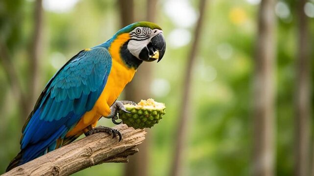 Vivid parrot perched in lush rainforest eating fruit, showcasing colorful plumage and natural beauty