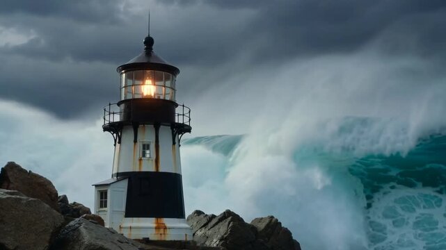 An illuminated lighthouse stands on a rocky shore against the background of a huge crashing wave. The video captures a dramatic scene demonstrating the power of nature.