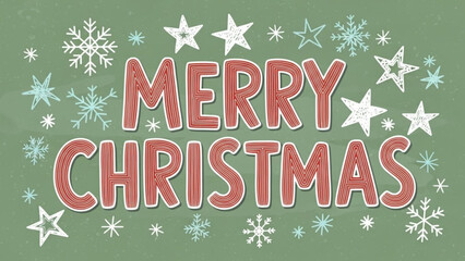 Festive Merry Christmas greeting card design with hand-drawn red lettering, snowflakes, and stars for holiday cheer and seasonal celebrations