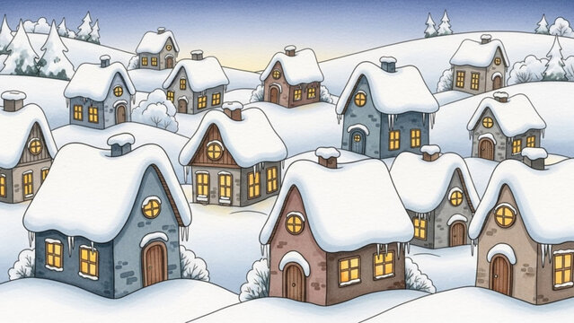 Charming winter village scene with snow-covered houses, perfect for holiday cards, cozy backgrounds, and festive designs, evoking warmth and nostalgia