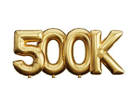 Shiny golden foil balloon text 500k isolated on transparent background for social media milestone achievement banner
