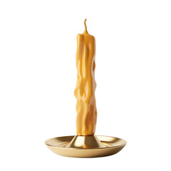 A tall textured beeswax candle with a dripping wax pattern in a brass candlestick isolated on transparent background