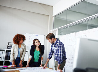 Business people, meeting or planning with documents for email marketing or company update in...