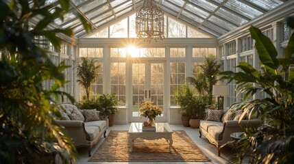 Fototapeta premium A bright, airy conservatory or sunroom on New Year's morning.