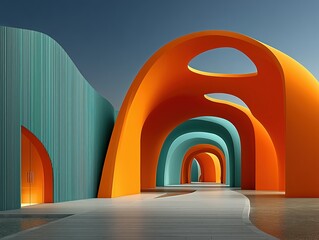Futuristic Fashion Space 3D Render with Nested Orange Curves and Teal Striped Panels
