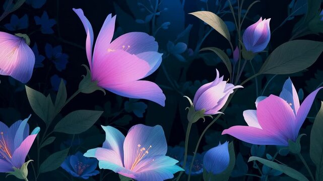 Elegant dark botanical animation with glowing petals and leaves moving slowly in the night atmosphere creating luxurious floral background for beauty brands perfume promos spa intros and rom