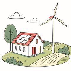 Sustainable living with a modern house featuring solar panels and a wind turbine in a rural landscape