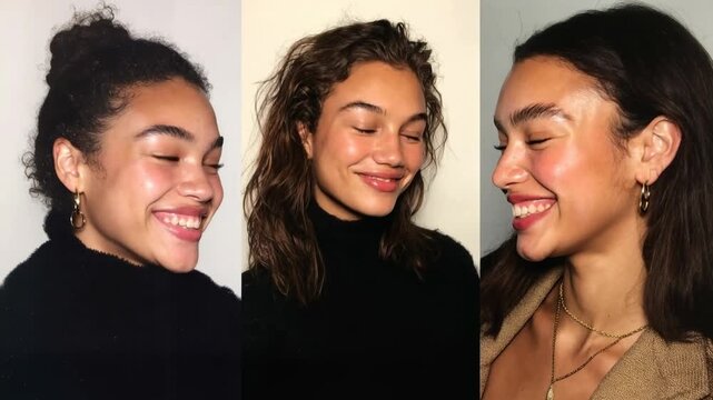 Row of four confident young women with different hairstyles and skin tones smiling in studio light perfect representation of beauty diversity body positivity and self love for cosmetics fash