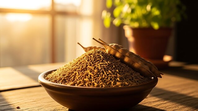 Close-up shot of cumin seeds piled in a wooden bowl with dried pods, bathed in warm sunlight near a potted plant