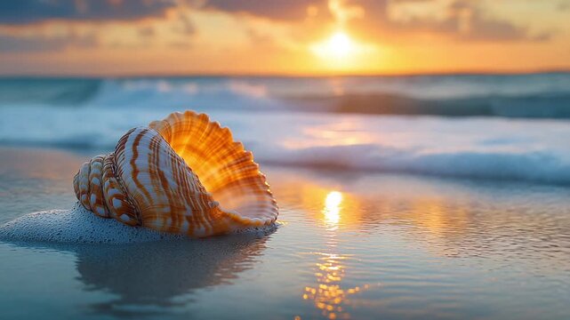 Conch shell on beach glowing at sunrise with ocean waves