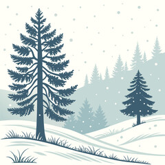 Serene winter landscape with snow falling gently on silhouetted pine trees and rolling hills