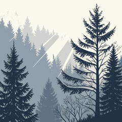 Misty coniferous forest with sunbeams breaking through the trees creating a serene and tranquil natural landscape