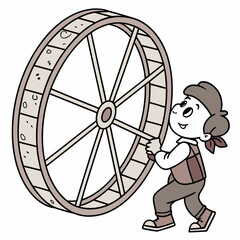 Cartoon boy in historical clothing pushing a large wooden wheel with spokes and segmented rim