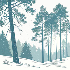 Serene winter forest scene with tall pine trees and falling snow in a cool blue and white palette
