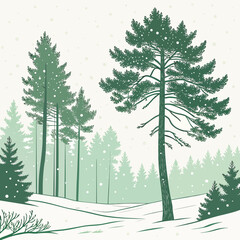 Serene winter forest scene with snow falling gently on pine trees and rolling snow covered hills