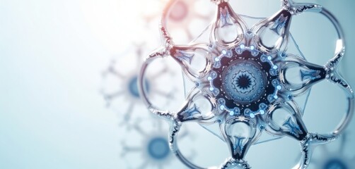Intricate metallic molecular structure with glowing blue nodes on a soft pastel background. Complex scientific pattern suggests medical research and futuristic bioengineering concepts for web banners.