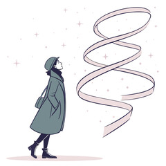 A woman in a coat and hat gazes upwards at a swirling pink ribbon against a backdrop of faint stars