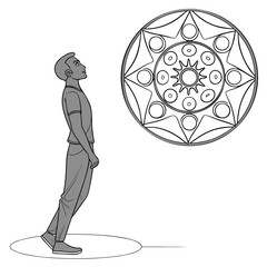 A man stands on a circular platform looking up in awe at a large intricate mandala design displayed above him