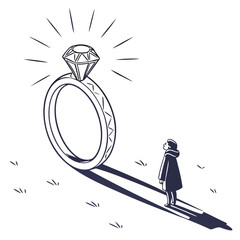 A person stands in a field looking up at a giant sparkling diamond engagement ring casting a long shadow