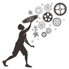 Silhouette of a man throwing a frisbee with gears and stars emerging from it symbolizing creativity and innovation