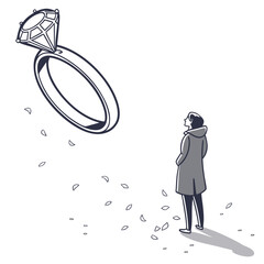 A person in a coat looks up at a large diamond ring floating in the air surrounded by falling petals