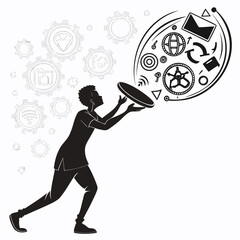 Silhouette of a person juggling technology icons and gears representing digital innovation and data management