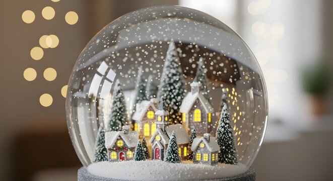 A detailed miniature Christmas village within a snow globe with falling snow. The scene is magical and festive, bringing warmth - Powered by Adobe